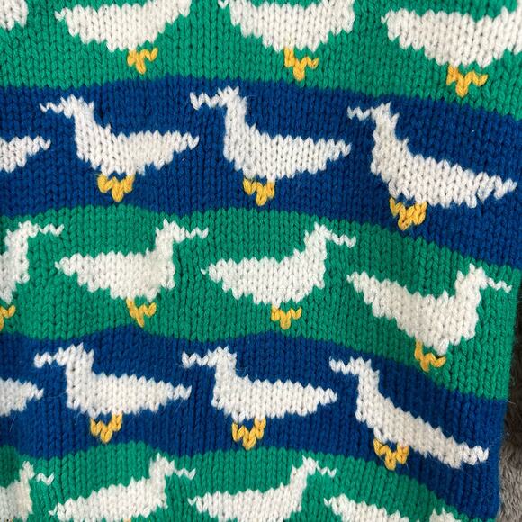 Vintage Puffins Hand Knit Novelty Sweater Geese Stripe Blue Green Girls M Medium - Picture 3 of 5